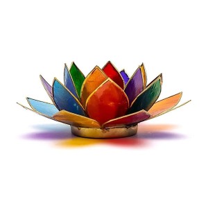 Kaarshouder 'Lotus', 7 chakra's, Capiz, 13,5 cm, goudrand