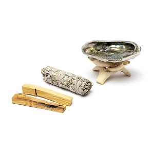 Smudge set met witte salie en Palo Santo, Abalone schelp en standaard