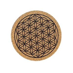 Onderzetters van kurk, zwart bedrukt met Bloem des Levens symbool